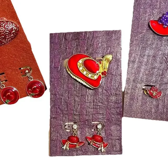 VTG Red Hat Society Jewelry Lot Liz Claiborne Enamel Hat Brooch 3 Sets Earrings - Picture 5 of 9